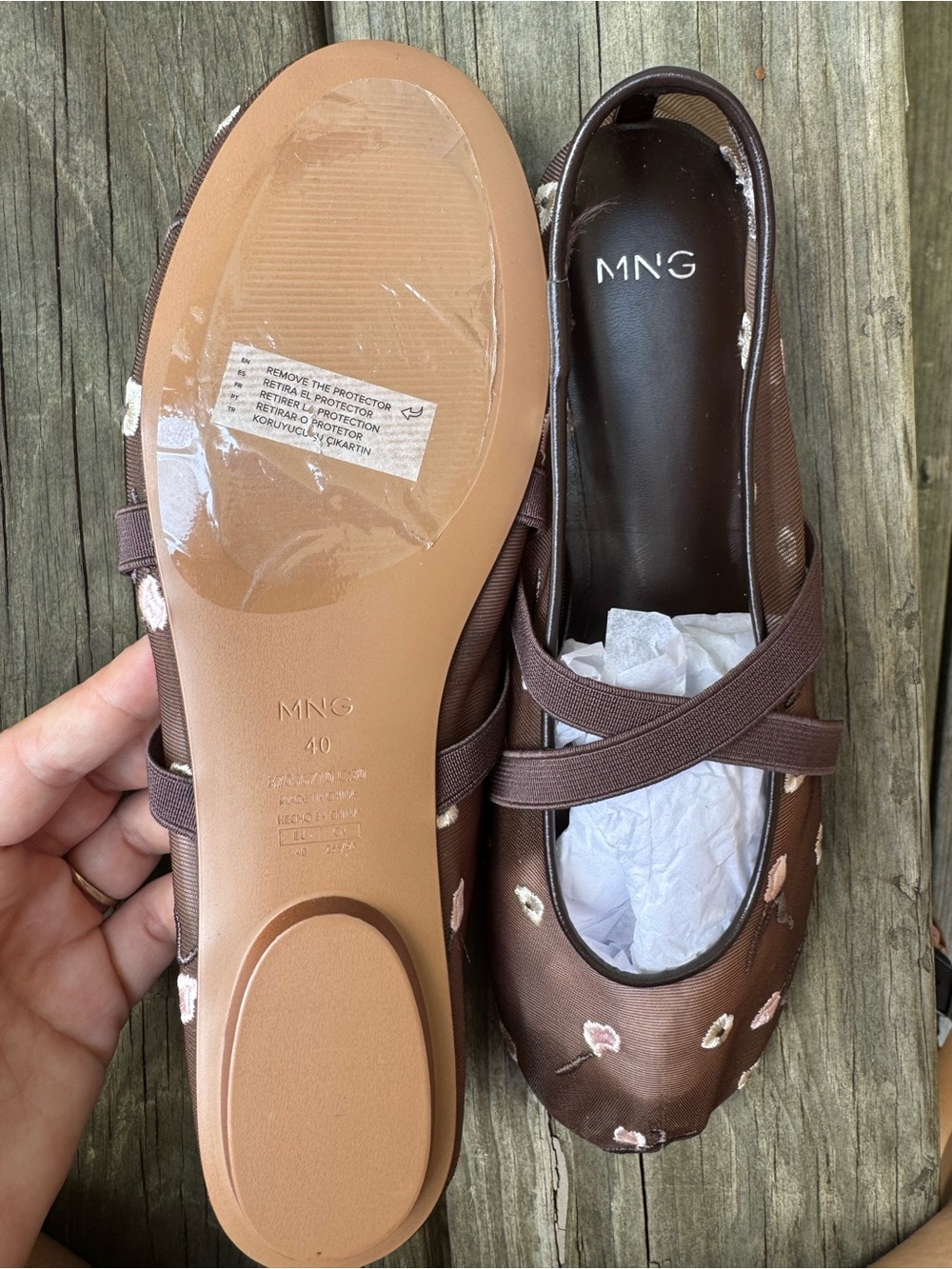Mango Brown Embroidered Cross-Strap Ballet Flats - Picture 2 of 3